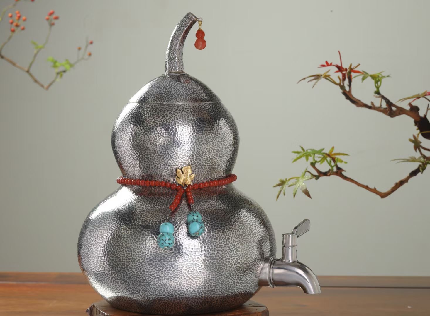 【道道壹壶】长生绿松葫芦水缸 绿松石南红  纯银999手锤纹储水 3L