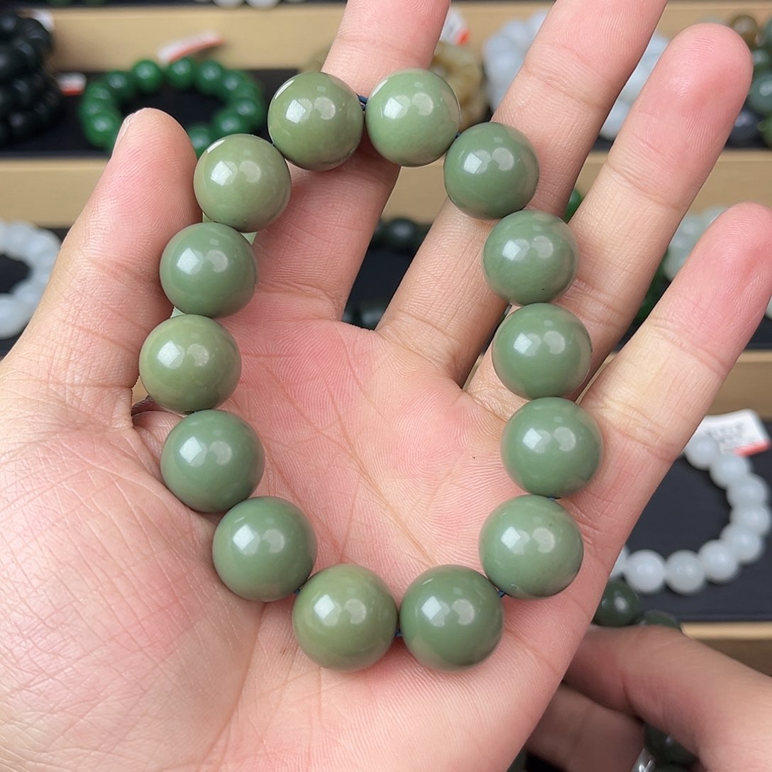 和田玉手串未镶嵌纯天然新疆和田玉沙枣青16mm