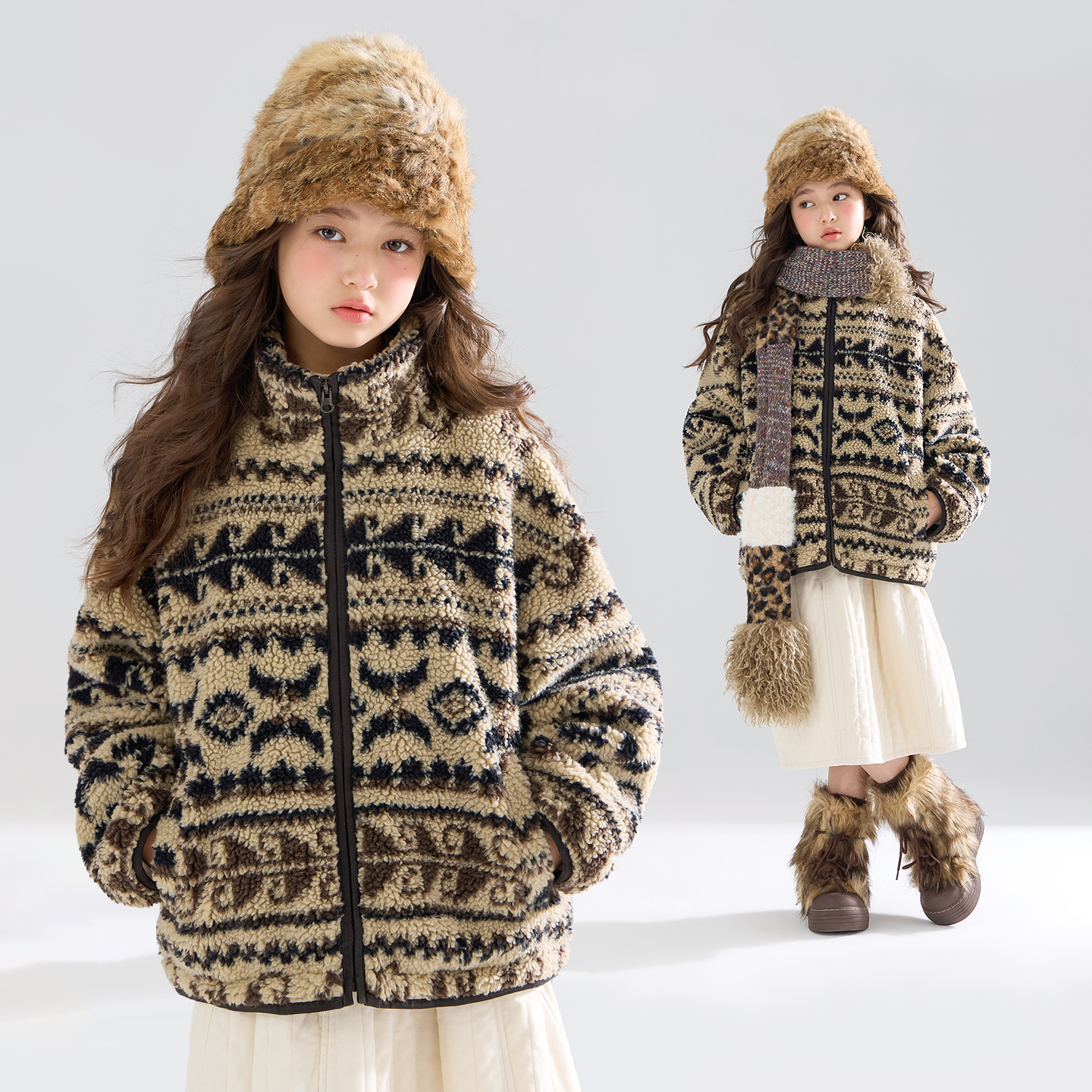 MUCMUKN  新雪丽复古卷叶纹羊羔绒棉服外套女童冬新款M54XW5745