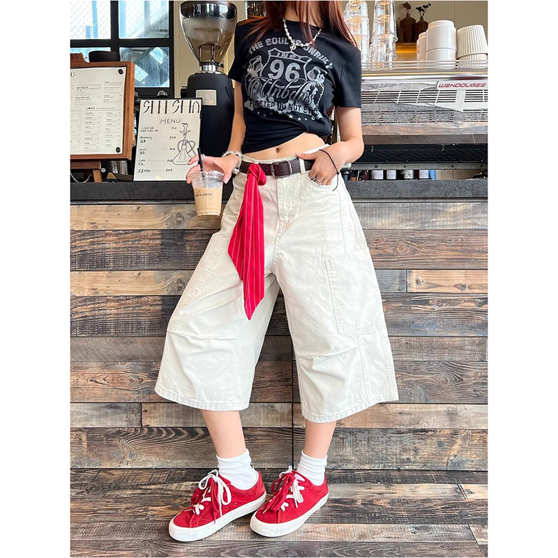 美式复古高街大口袋工装牛仔裤女夏季新款高腰宽松显瘦阔腿七分裤