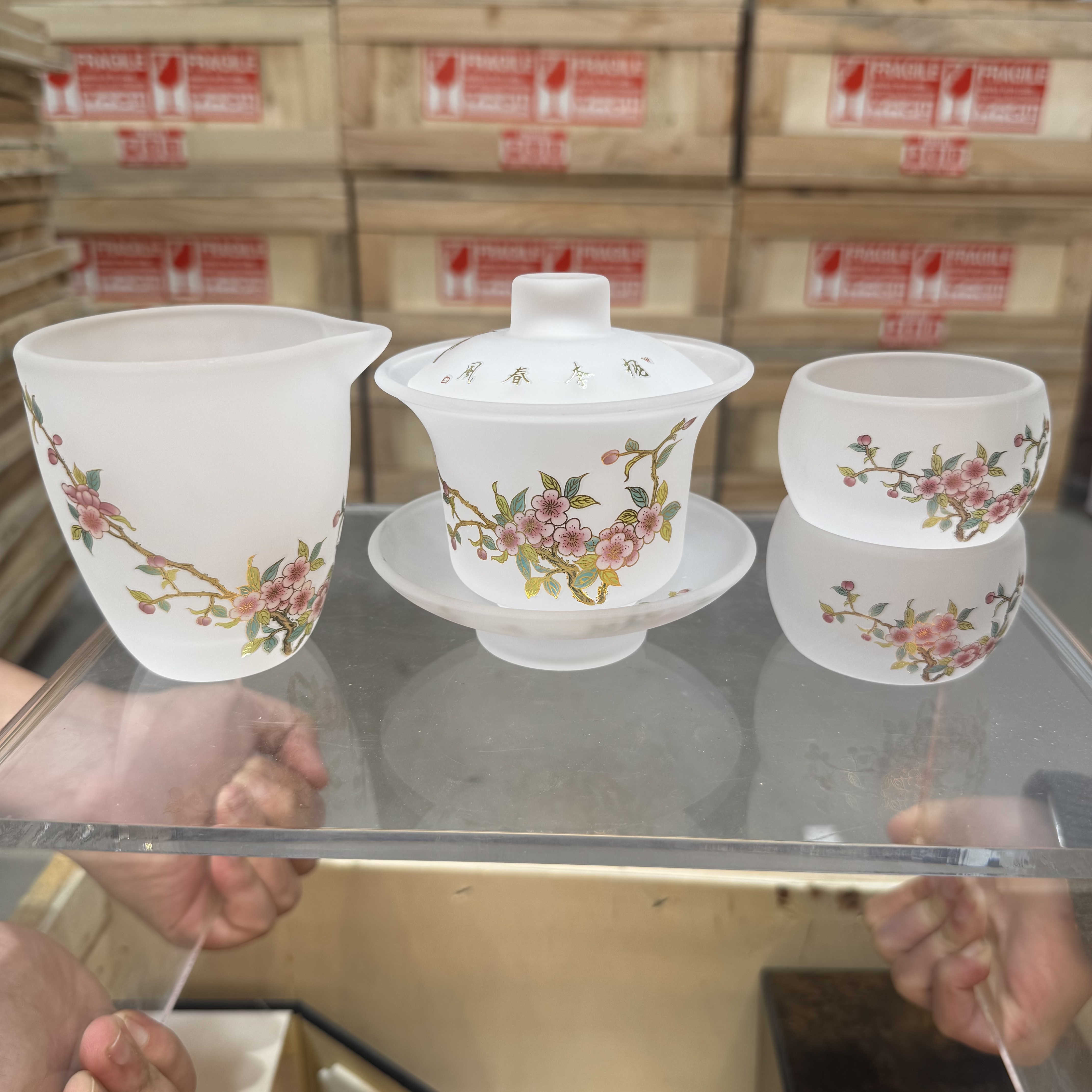 高档磨砂琉璃春暖花开三才盖碗茶具套组1634