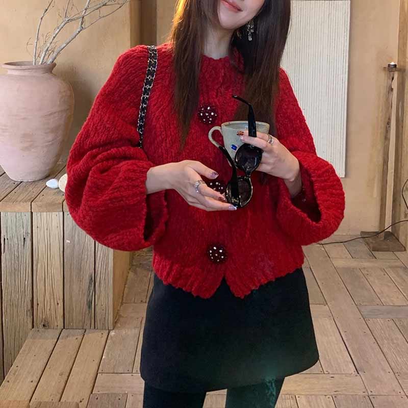 【红绯酒心】招财红色绞花软糯经典老钱开衫2025冬季新款新年战袍