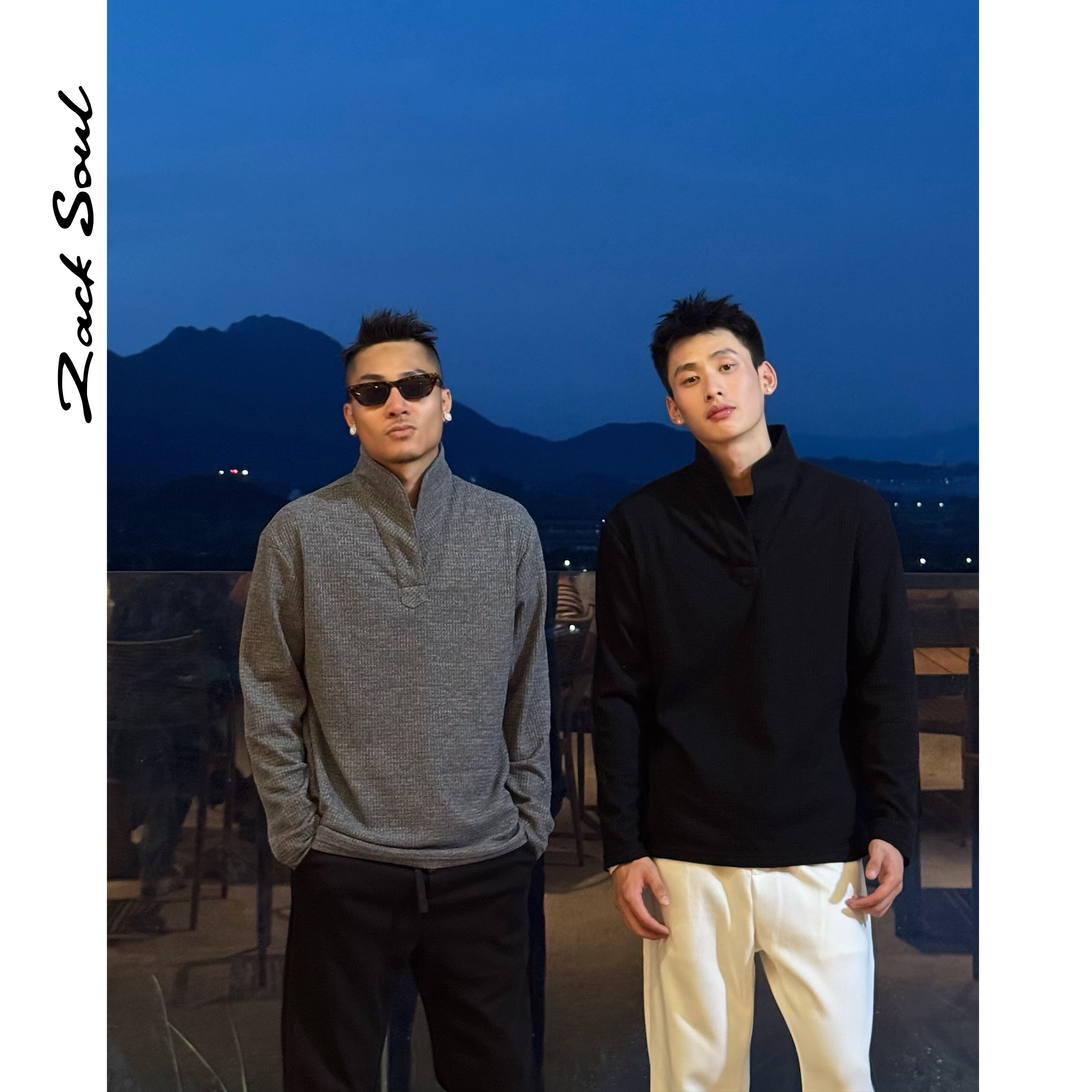 Zack校长zacksoul 复古方格肌理V领针织衫长袖半高领亲肤百搭微弹