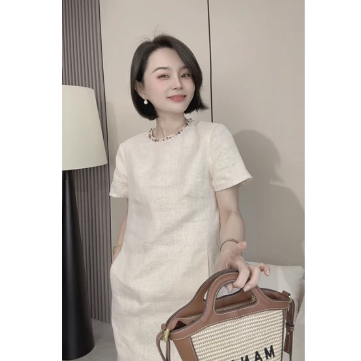 大掌柜同款现货夏季气质短袖连衣裙彩色钉珠设计小香风宽松亚麻