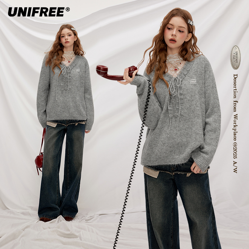 【芋总专属】UNIFREE灰色V领长袖毛衣U253K618B1B1