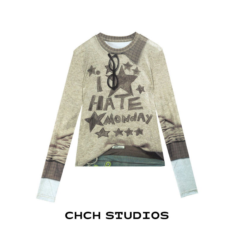 RATX73418秋季新款字母印花T恤休闲修身长袖打底上衣女