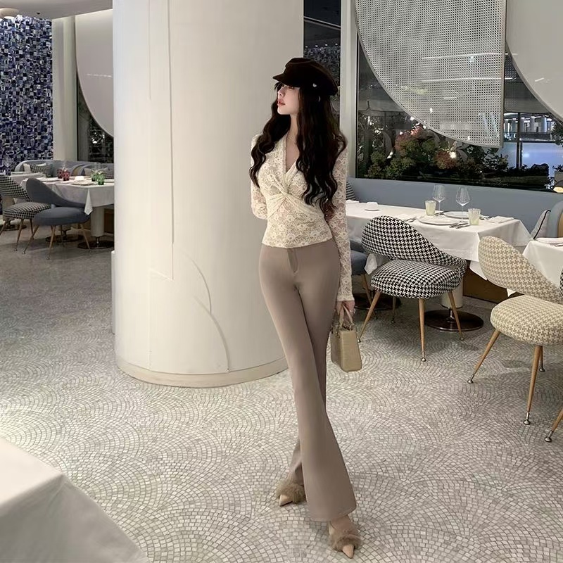 【TONG】加绒喇叭裤女冬季高腰直筒休闲微喇西装裤修身显瘦弹力长裤