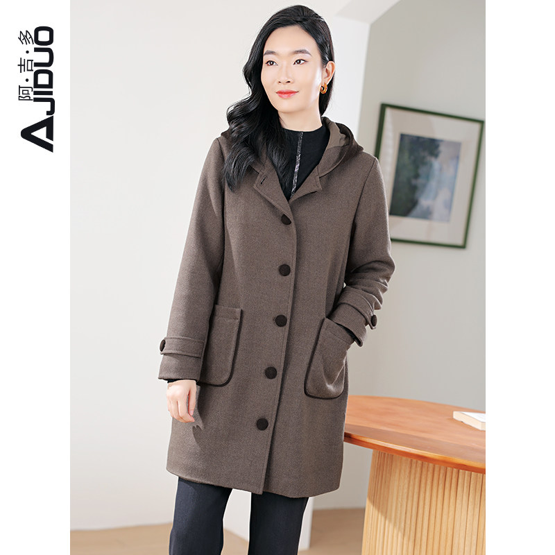 阿吉多高级中长款外套女2025新款爆款秋冬人字纹加厚保暖连帽大衣