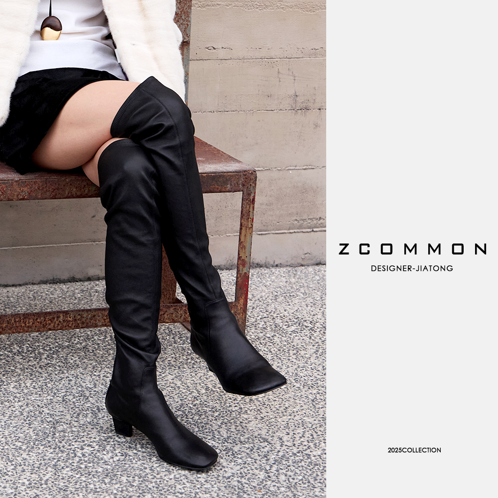 Z common【黑标系列~过膝靴】真皮小高跟黑色羊皮长靴弹力靴2511195