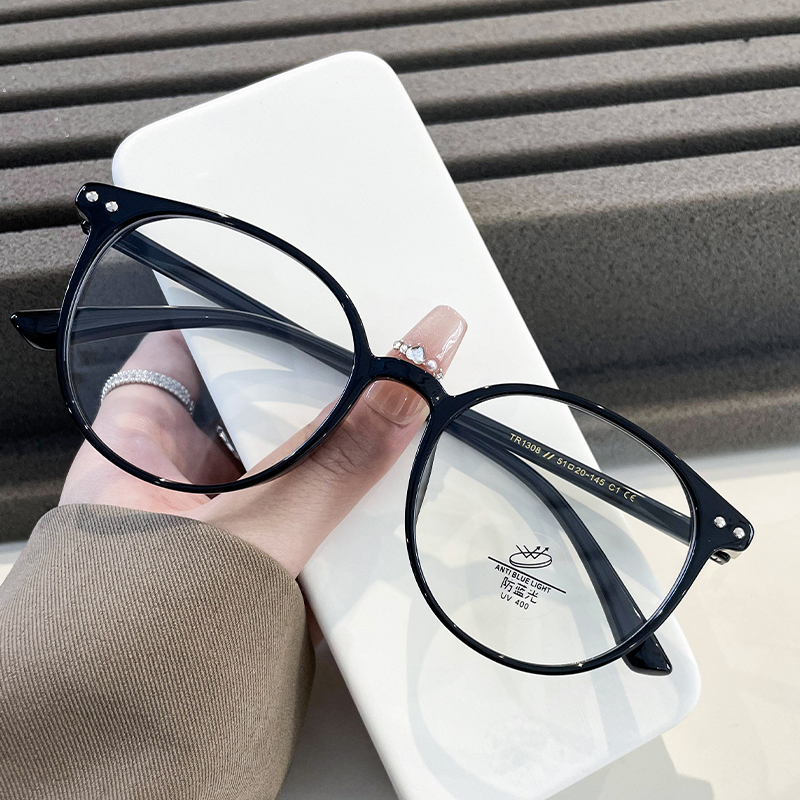 早八TR韩系复古圆框眼镜女素颜黑色防蓝光眼镜简约大气显瘦显白