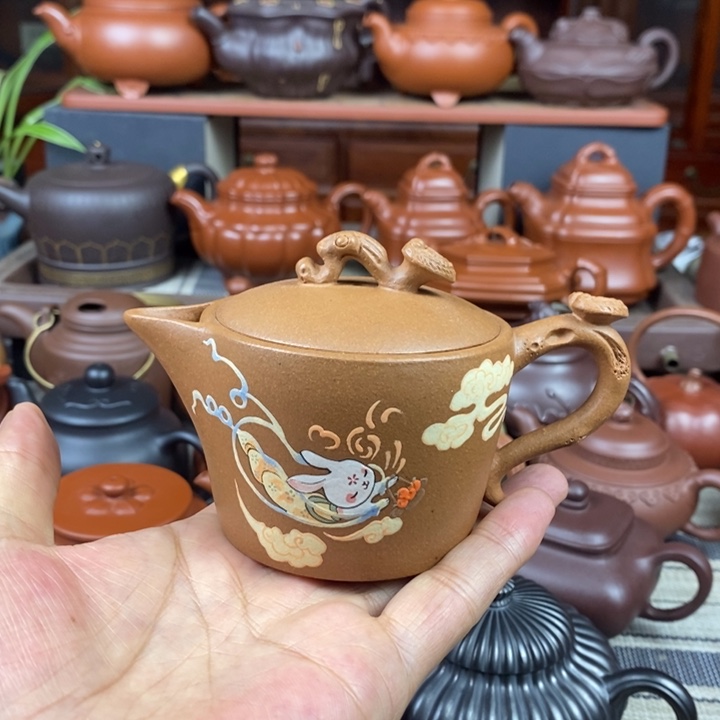 紫砂茶壶灵芝汉瓦180CC原矿黄金段全手工泥绘