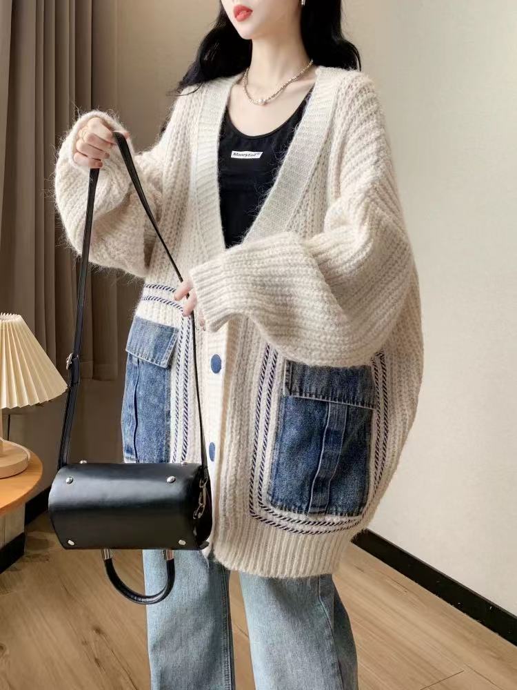 秋装长袖V领厚款针织琥珀流光毛针织衫宽松外穿长款秋冬慵懒风