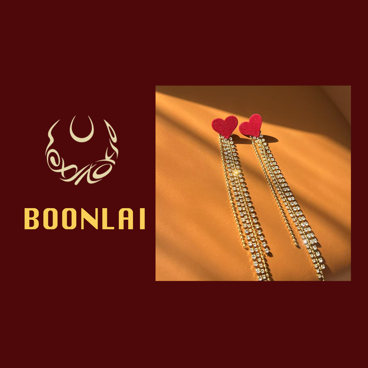 铜合金莫桑石耳饰 Boonlai 丝绒爱心镶钻流苏E耳环1533
