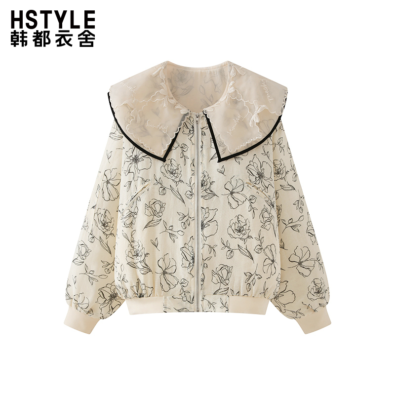 韩都衣舍法式甜美设计感温柔小众刺绣双层荷叶领印花拉链外套女装
