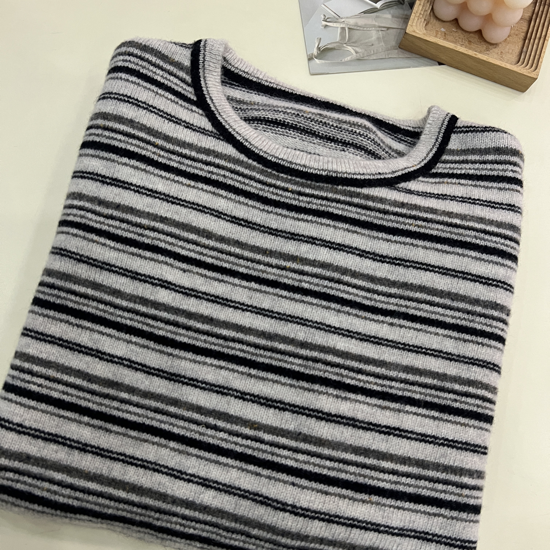 绒品 韩系细条纹拼色大版套头针织衫