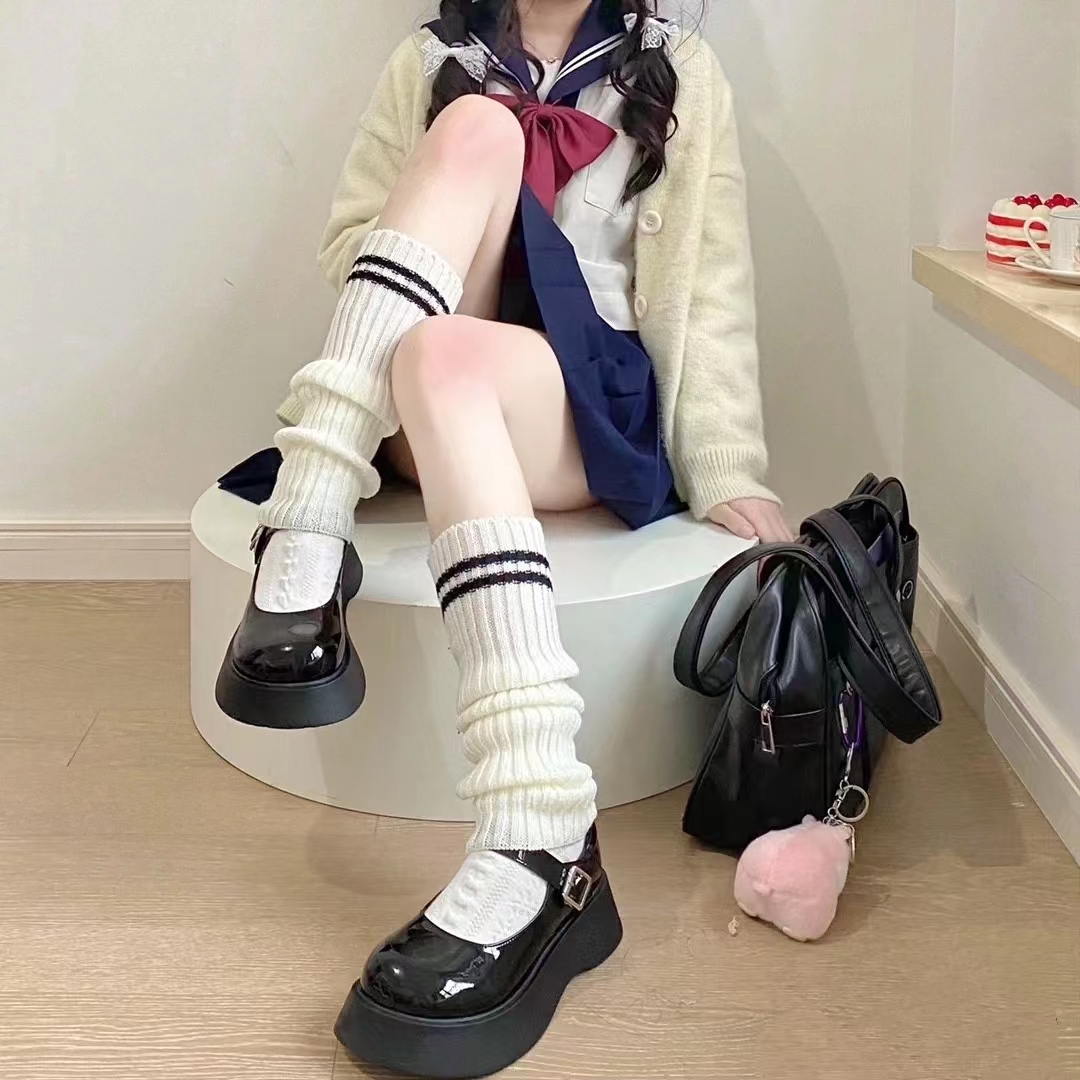 日系条纹jk针织袜套黑白辣妹腿套秋冬保暖中筒袜套lolita堆堆袜套