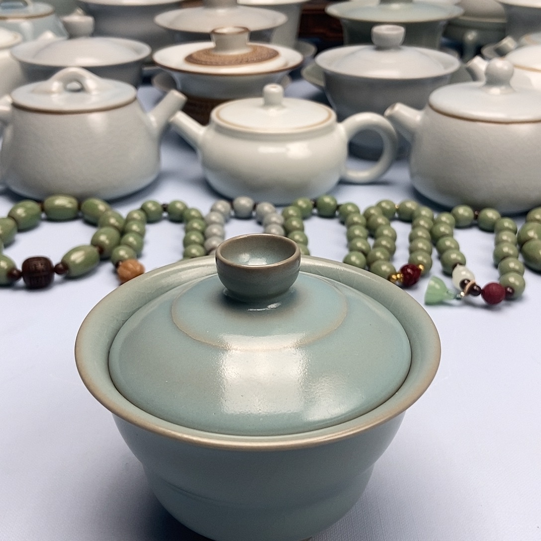 杯微微瑕仿古天蓝福禄盖碗原矿原釉原产地