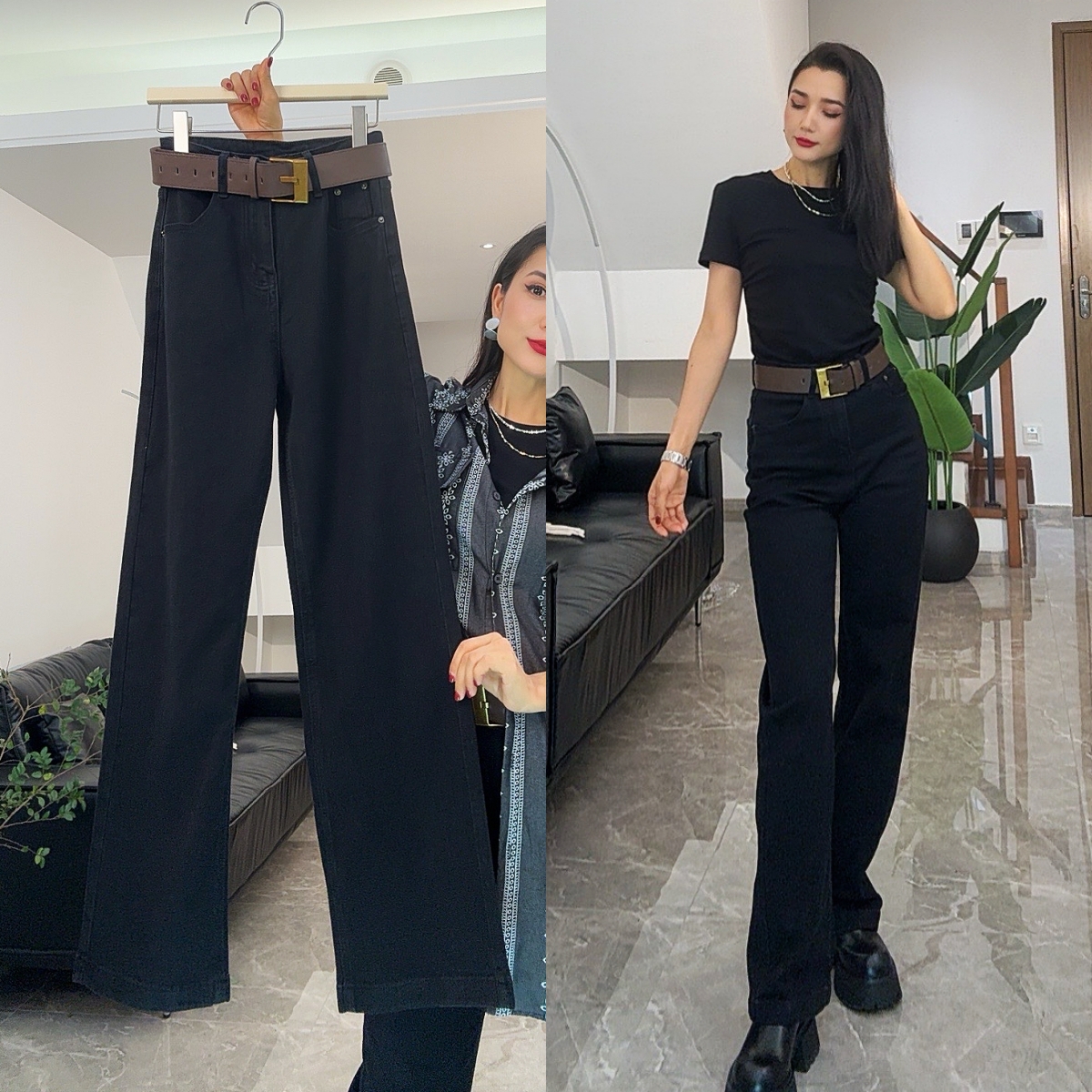 裤长105cm~大码2025新款设计感时尚气质高腰宽松显瘦直筒牛仔裤女