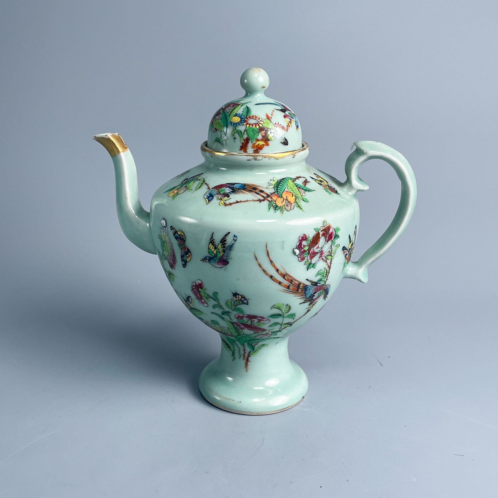 瓷器/古董道光豆青釉花鸟冠军壶M25AX009016古玩收藏/文物/绣花张