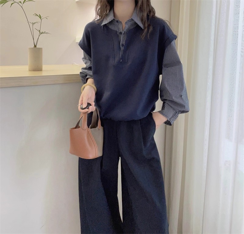 欧洲站2025秋装新款欧货假两件卫衣拼接格子长袖衬衫女春秋衬衫潮
