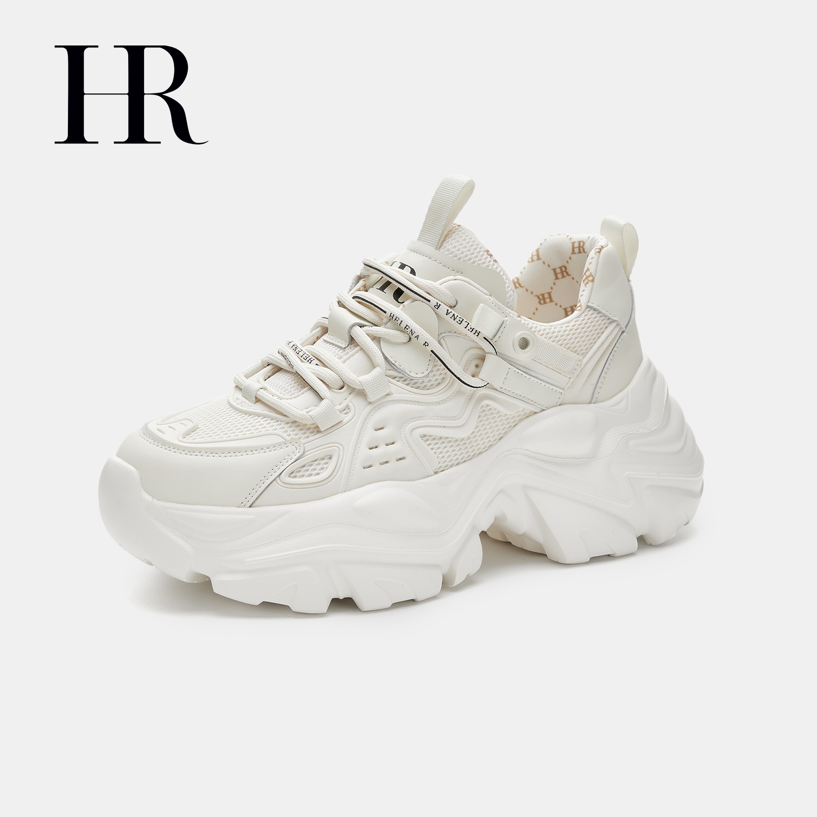 HR/赫莲娜老爹鞋女款2025新款春季真皮厚底松糕鞋白色休闲运动鞋