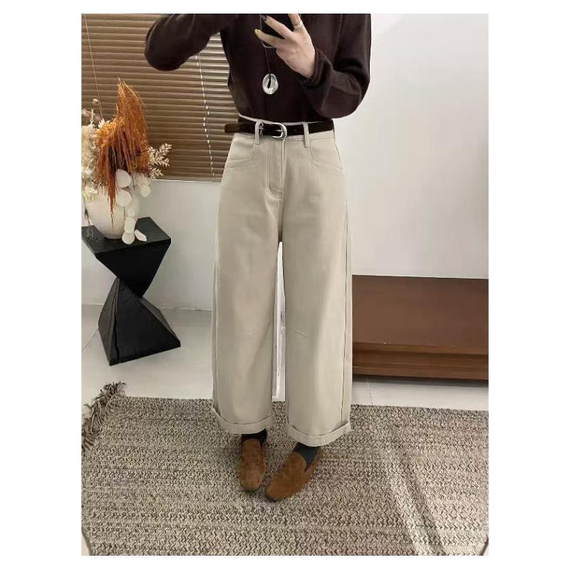 奶茶色植绒加厚弯刀裤九分宽松休闲阔腿气球裤牛仔裤女秋冬62094