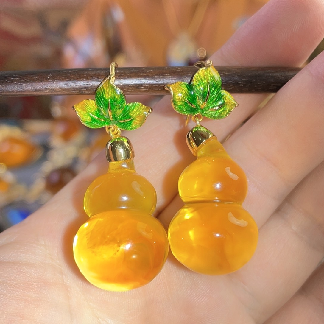 蜜蜡耳环银S925镀金镶嵌