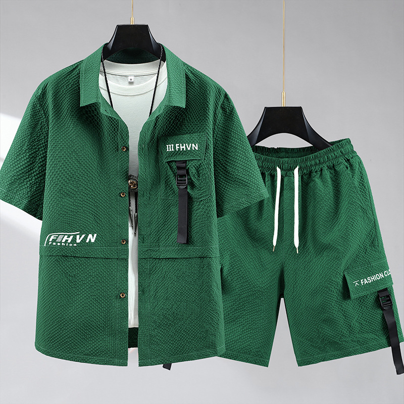 新款加肥加大码宽松短袖套装男t恤夏季青少年时尚潮流帅气男装