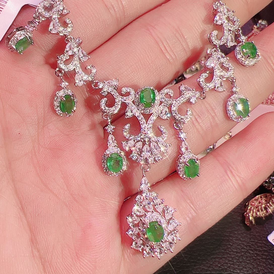 祖母绿套链银S925镶嵌