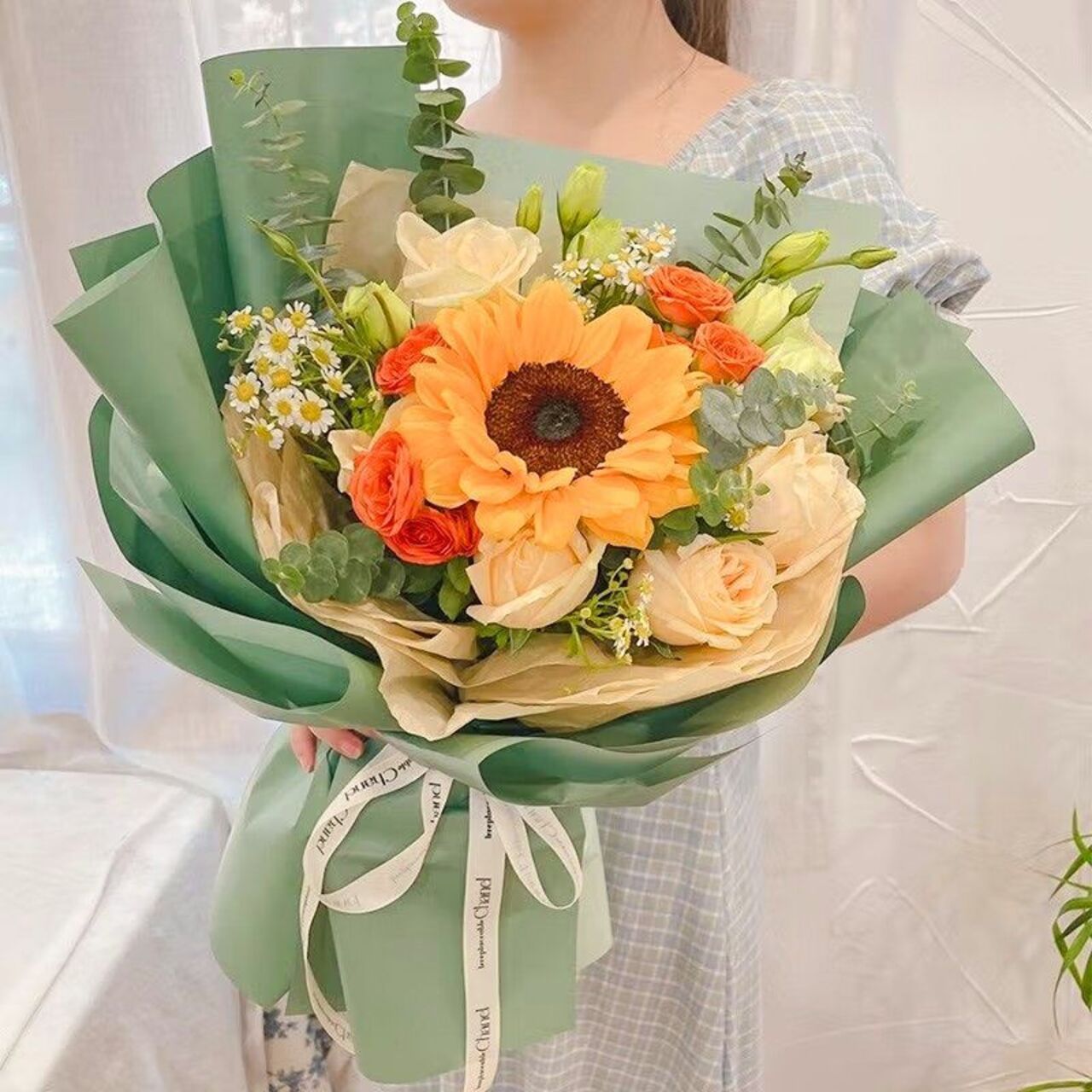 【所愿皆成真】5枝香槟玫瑰1枝向日葵花束绿色混搭花束送父亲礼物花店鲜花配送