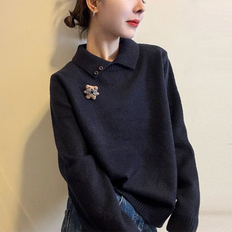 【80-180斤】POLO领卡通设计感针织上衣女秋冬季小众洋气毛衣打底衫