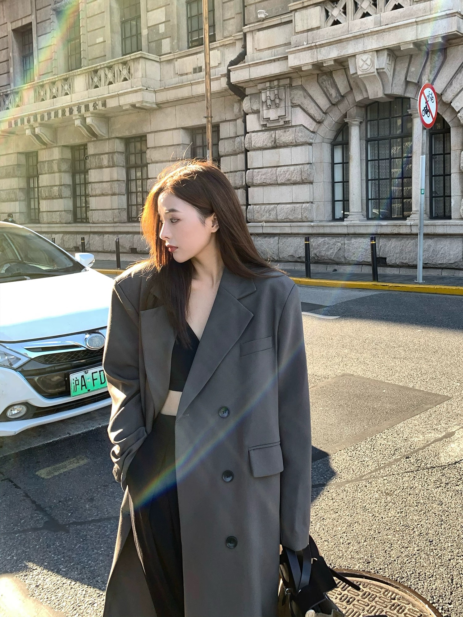 简约复古长款加厚硬挺西装外套女秋冬垫肩西服大衣（有质感·垂度感