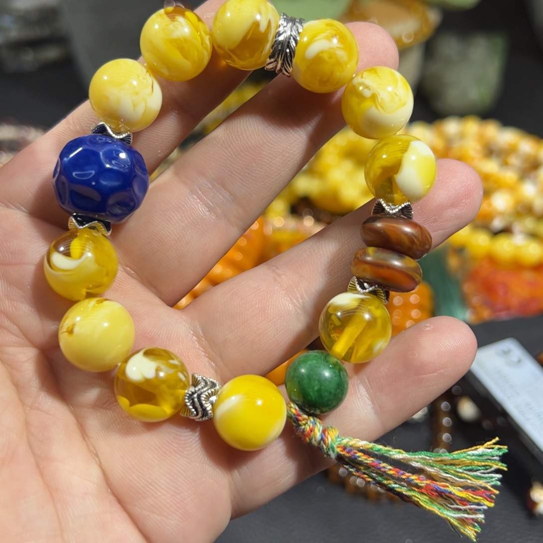 卡1.4加柠檬黄白花腊手串