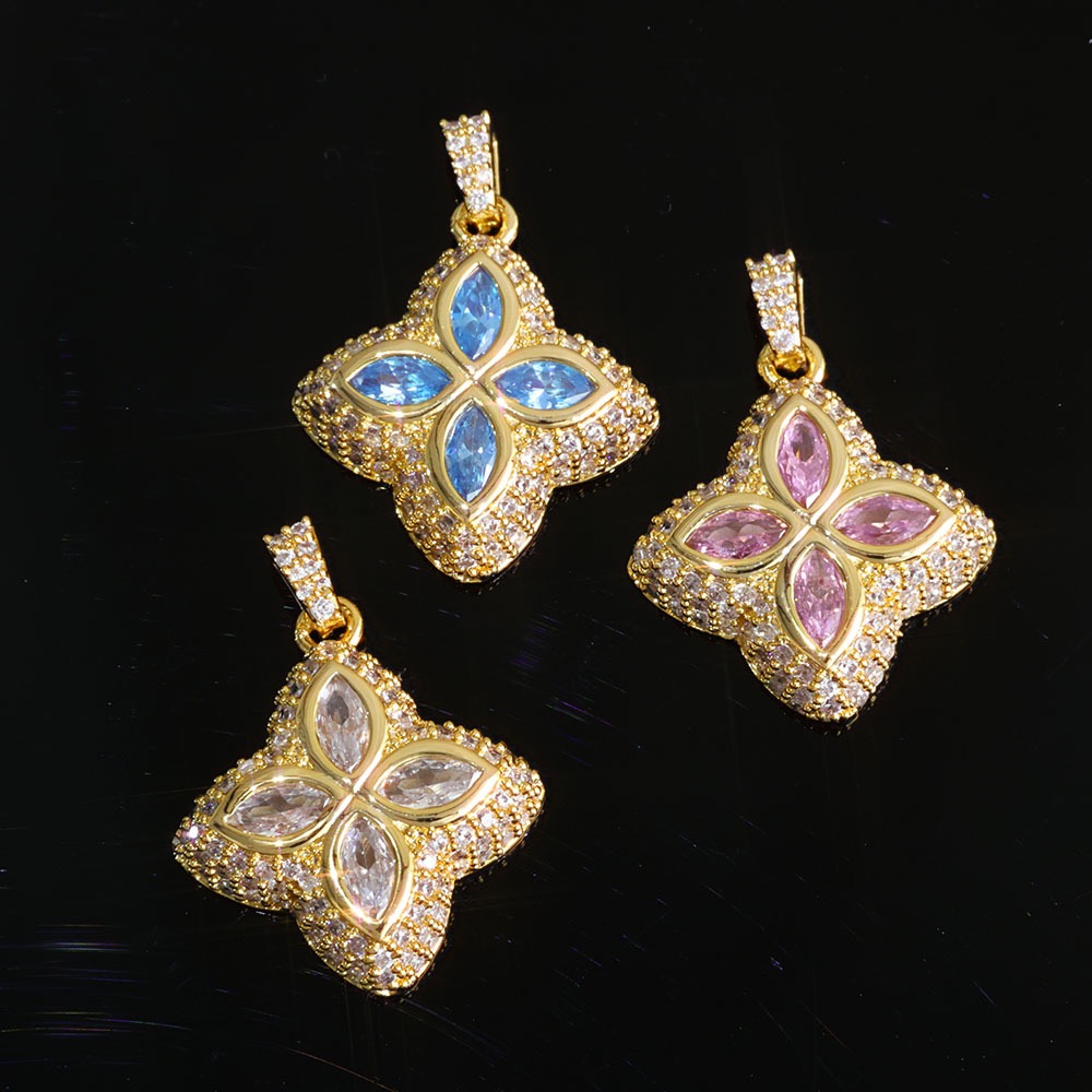 铜合金锆石项链 彩色四叶草镶钻满钻锁骨链链子