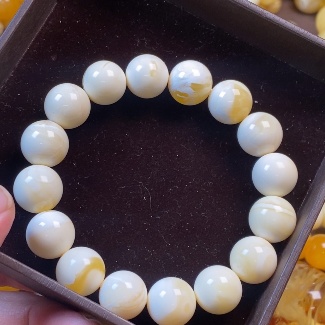 琥珀裸石未镶嵌14mm古瓷白手串