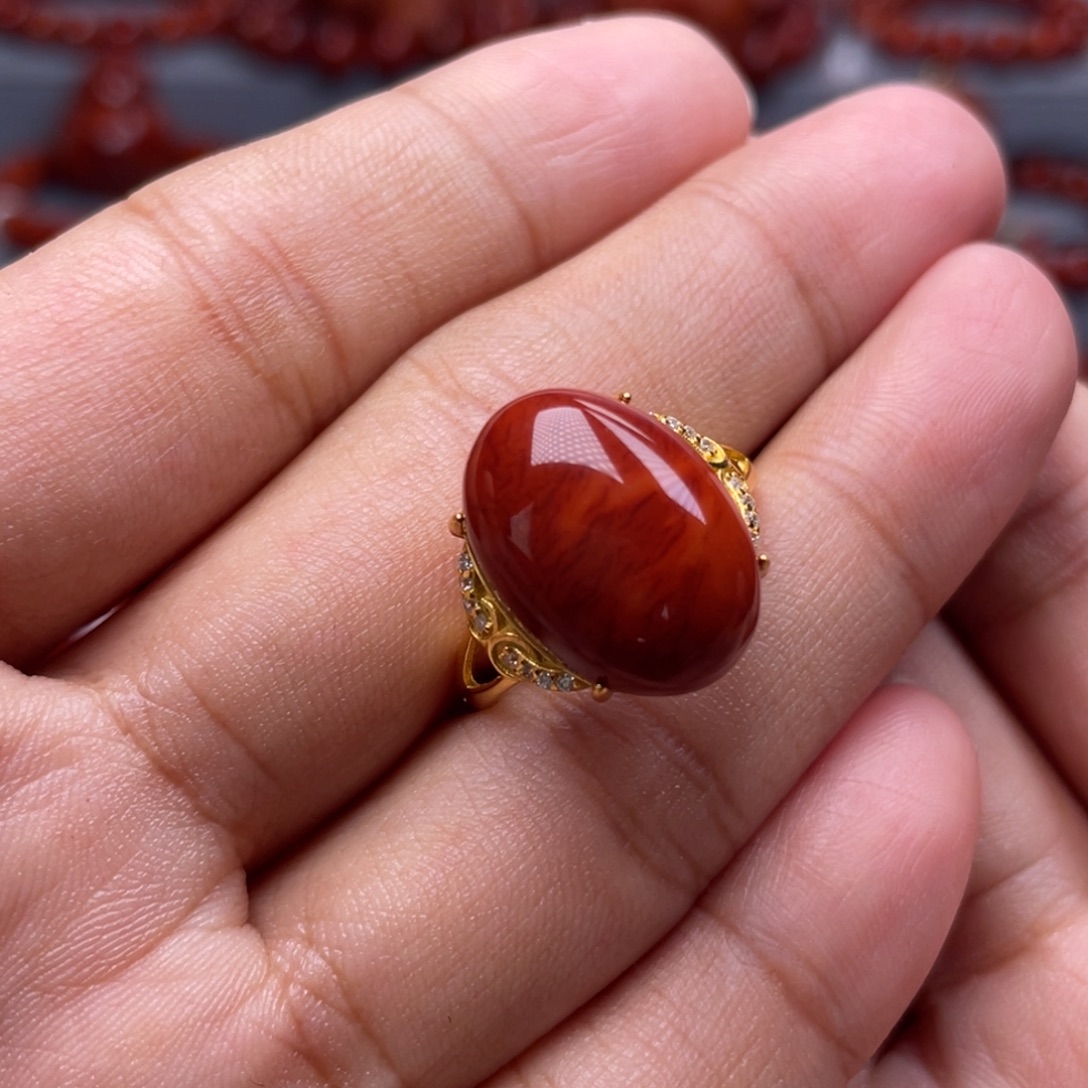 南红玛瑙银S925镶嵌珠宝奇石戒指