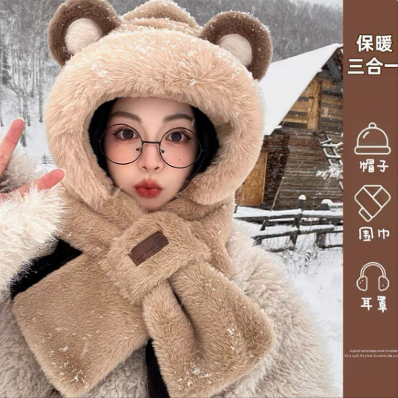 女生围巾帽子一体秋冬季保暖加厚仿兔毛毛绒可爱护耳防寒