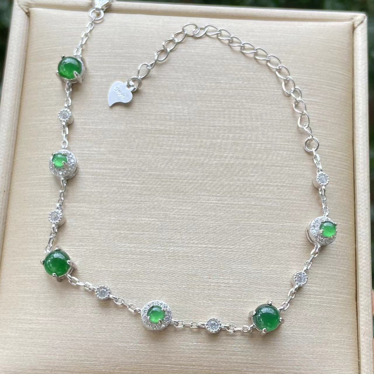 天然翡翠A货冰种满绿蛋面S925银镶手链高级简约百搭 4.5mm 3mm