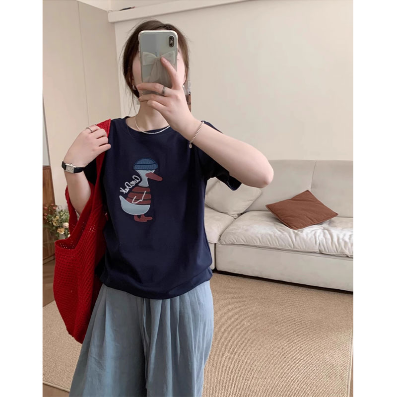 韩系卡通刺绣鸭子大码胖mm短袖t恤女宽松洋气显瘦内搭减龄上衣t