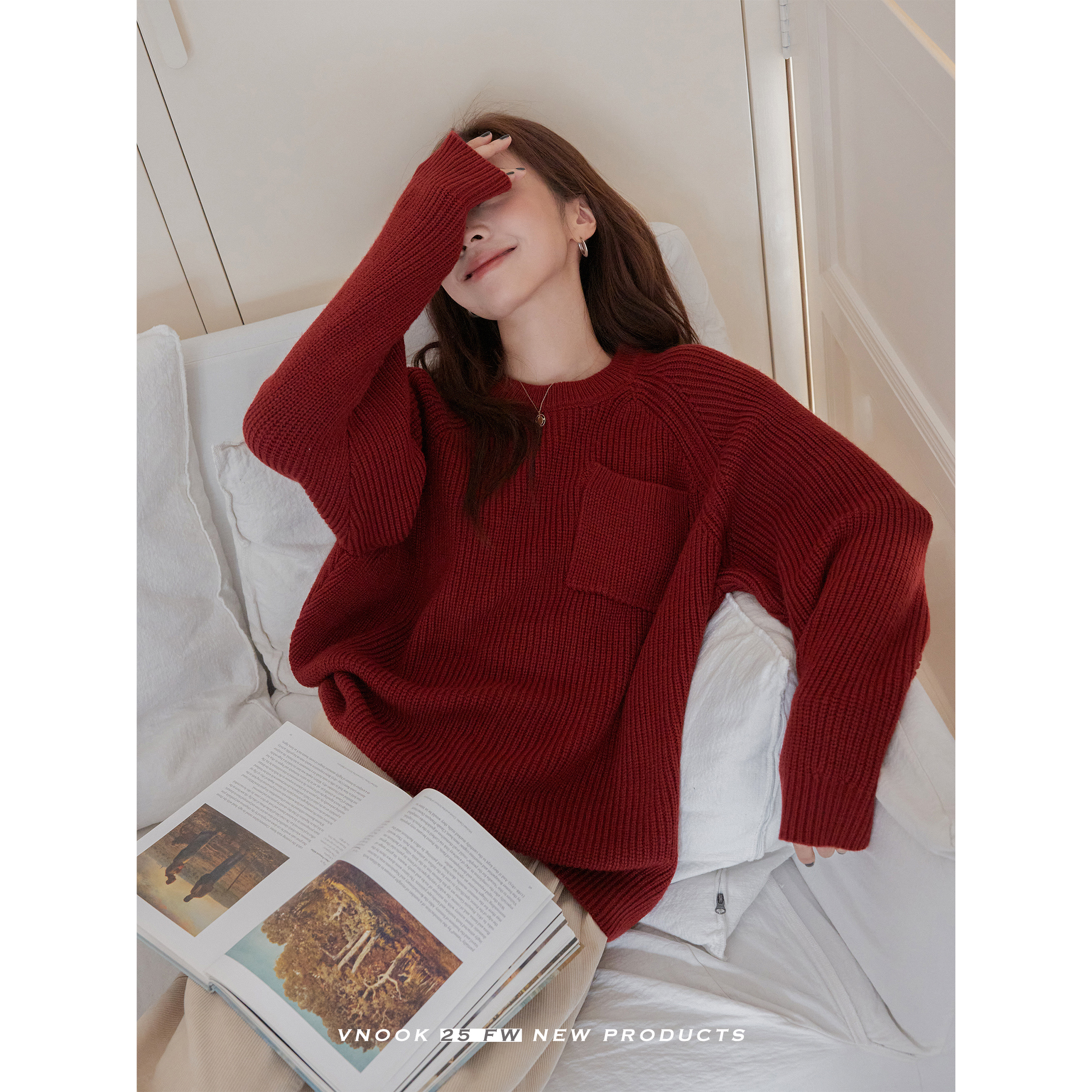 vnook羊毛圆领毛衣女秋冬2025新款宽松高级基础落肩套头红色上衣