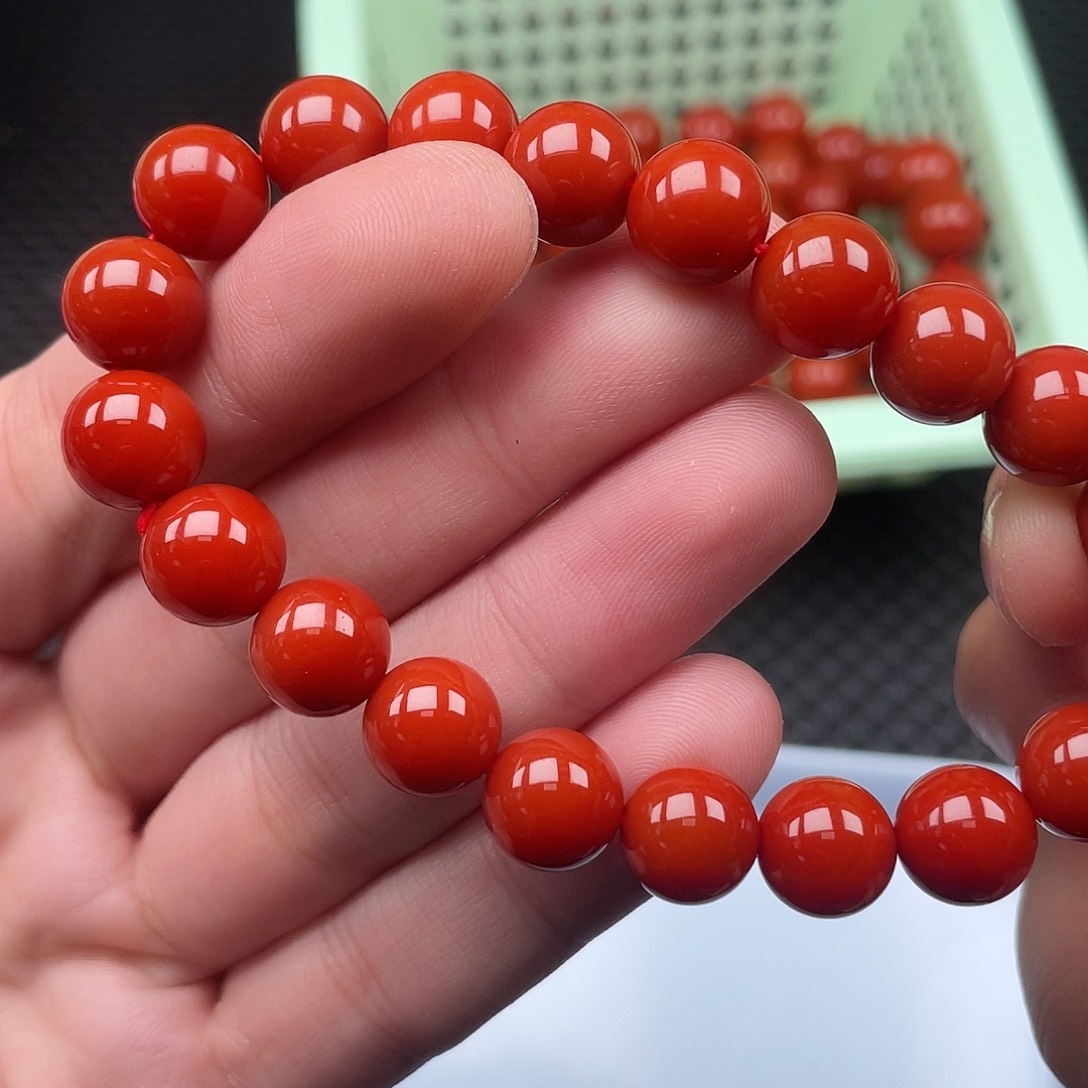 南红玛瑙未镶嵌10mm柿子红圆珠手链整串20颗