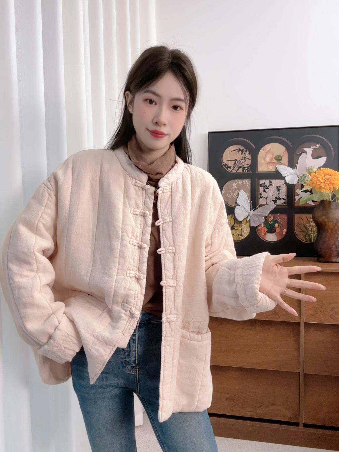 【粉蔷薇】100亚麻保暖加厚棉外套女冬季上衣宽松棉衣