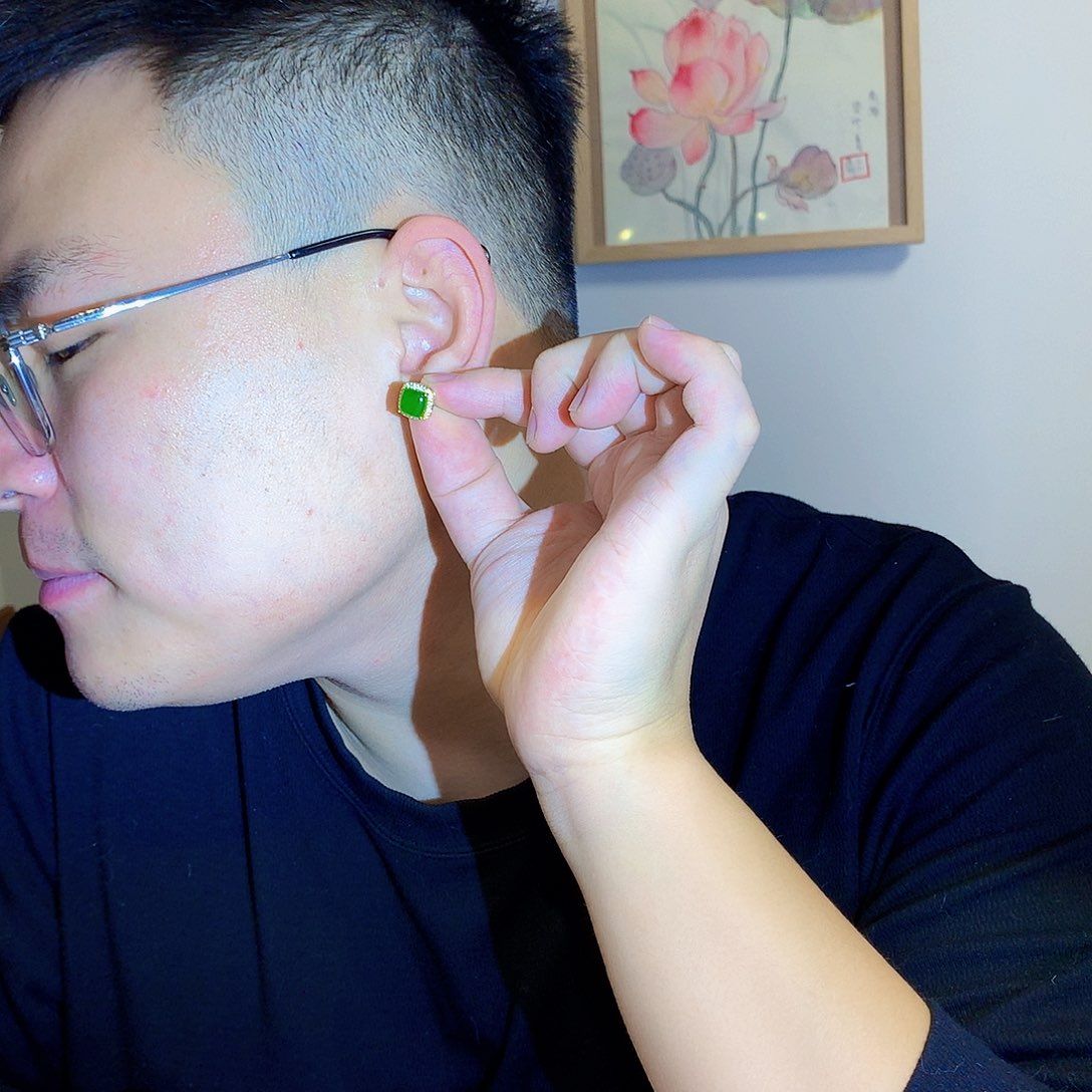 和田玉（碧玉）耳饰银S925镀金镶嵌