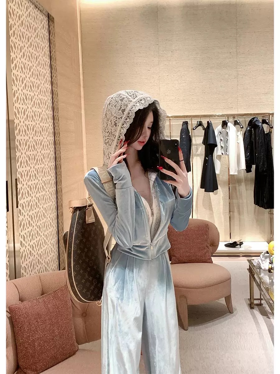 新款复古拼接蕾丝假两件连帽丝绒外套高腰阔腿休闲裤套装