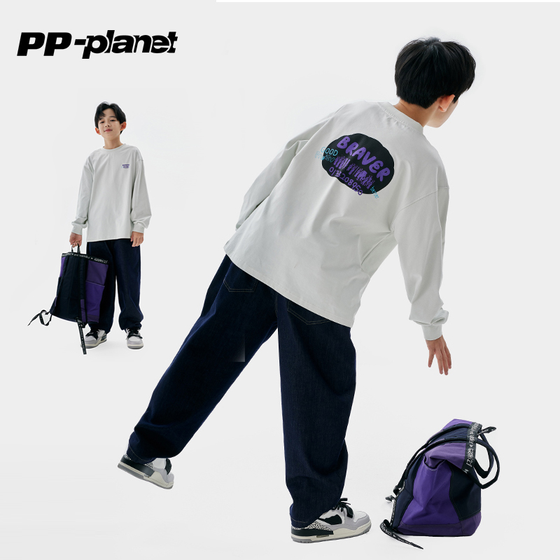 PP星球男童百搭舒适卫衣T儿童手绘印花长袖上衣中大童春秋款体恤