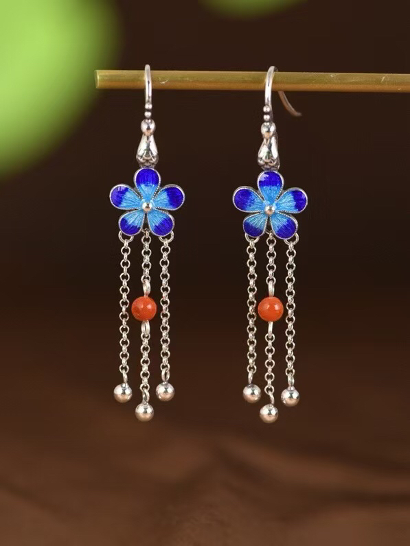 925银珐琅耳饰 S925银太阳花景泰蓝复古银珠流苏耳饰