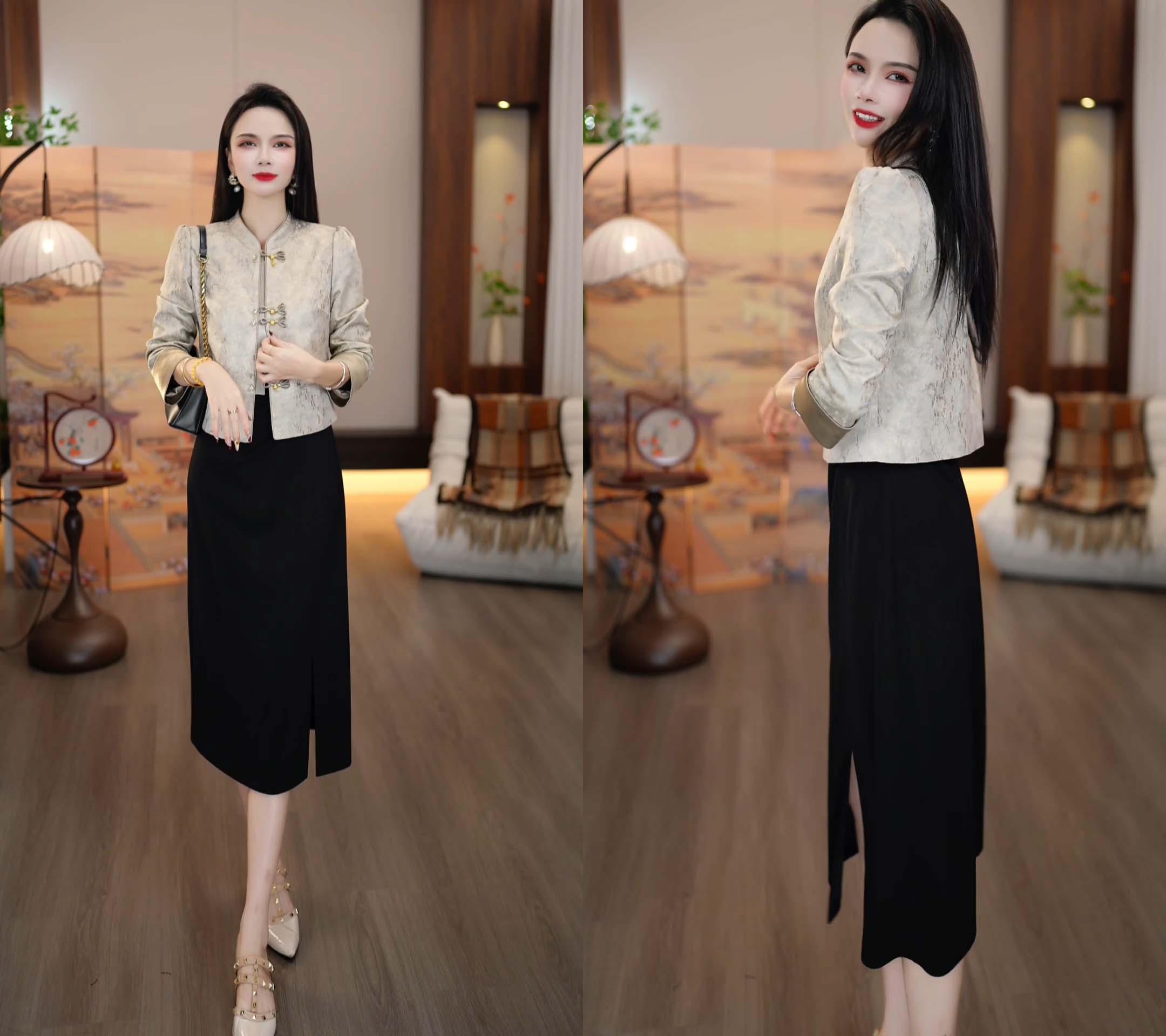 2025秋冬款新中式银杏色提花国风外套+黑色连衣裙两件套M-4XL