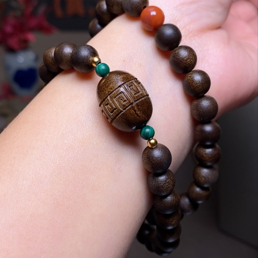 沉香手串越南芽庄古董紫棋楠0.8➕红土沉香木雕设计配饰