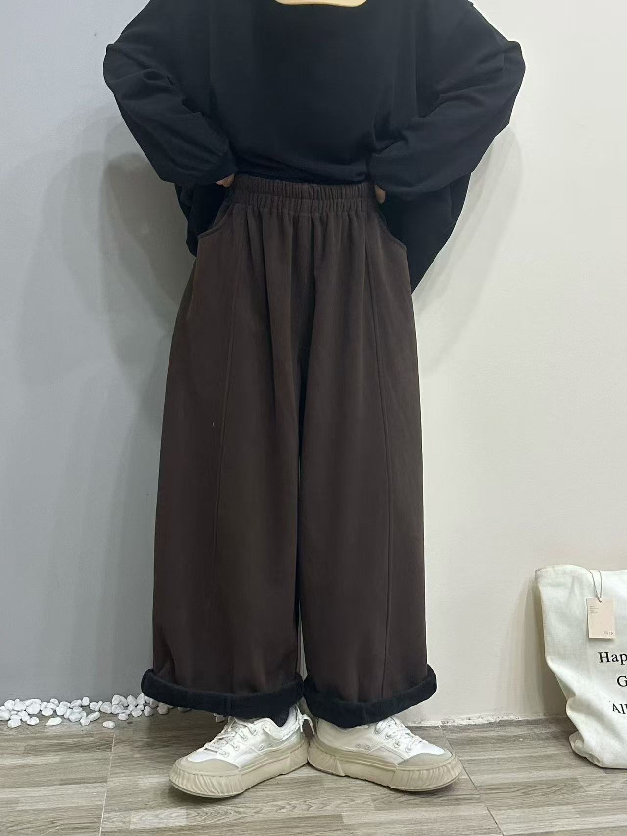 9874长裤通勤保暖直筒裤高腰休闲裤日系韩版加绒加厚