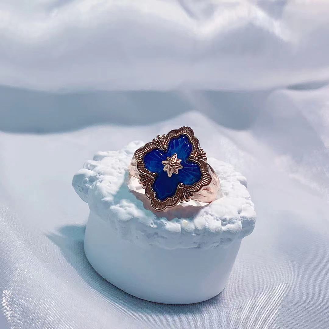 【壹芳珠宝*】天然原矿琥珀墨西哥蓝珀S925银四叶草镶嵌戒指